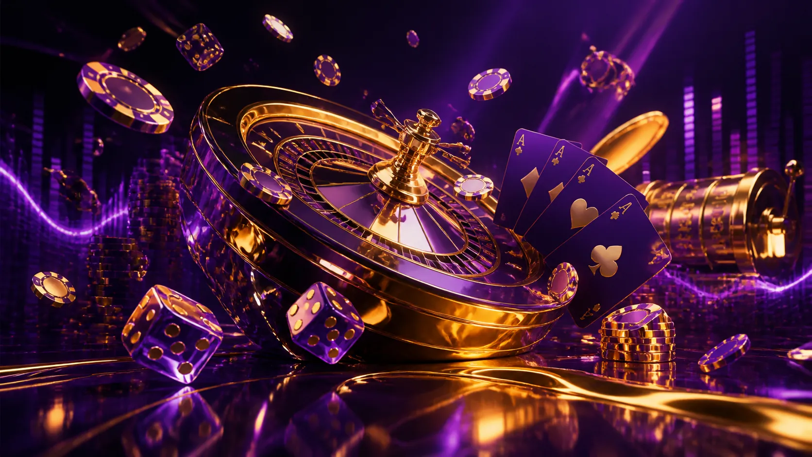 Luxury casino-themed hero banner image for Winbeatz featuring glossy poker chips, glowing dice, and floating playing cards in